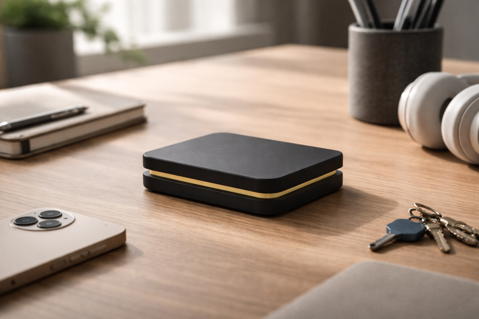 Pucksy puck on a desk in a work setup
